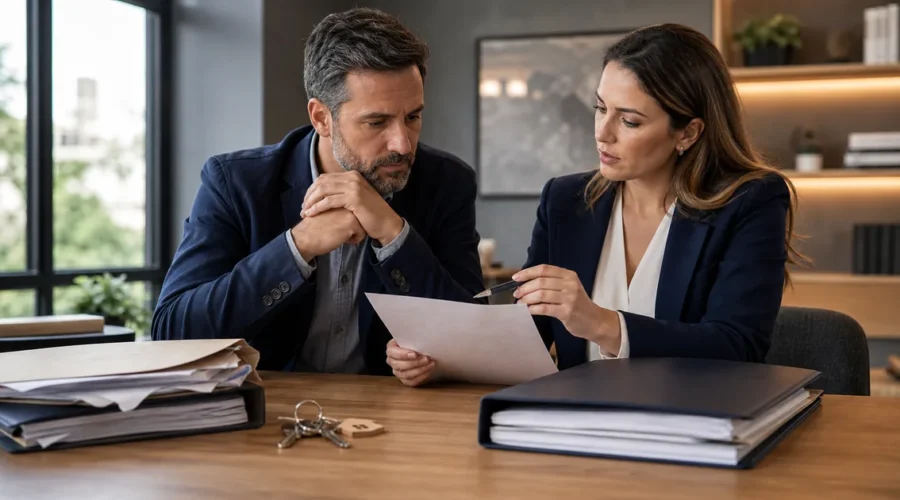 Cliente e advogada conferem proposta e documentos de imóvel