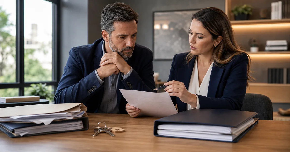 Cliente e advogada conferem proposta e documentos de imóvel