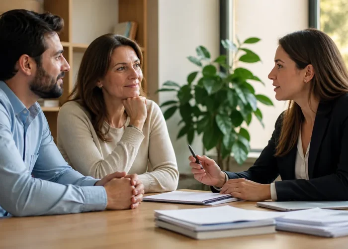 Família conversa com advogada durante primeira consulta de inventário