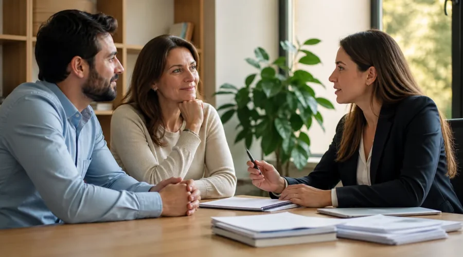 Família conversa com advogada durante primeira consulta de inventário