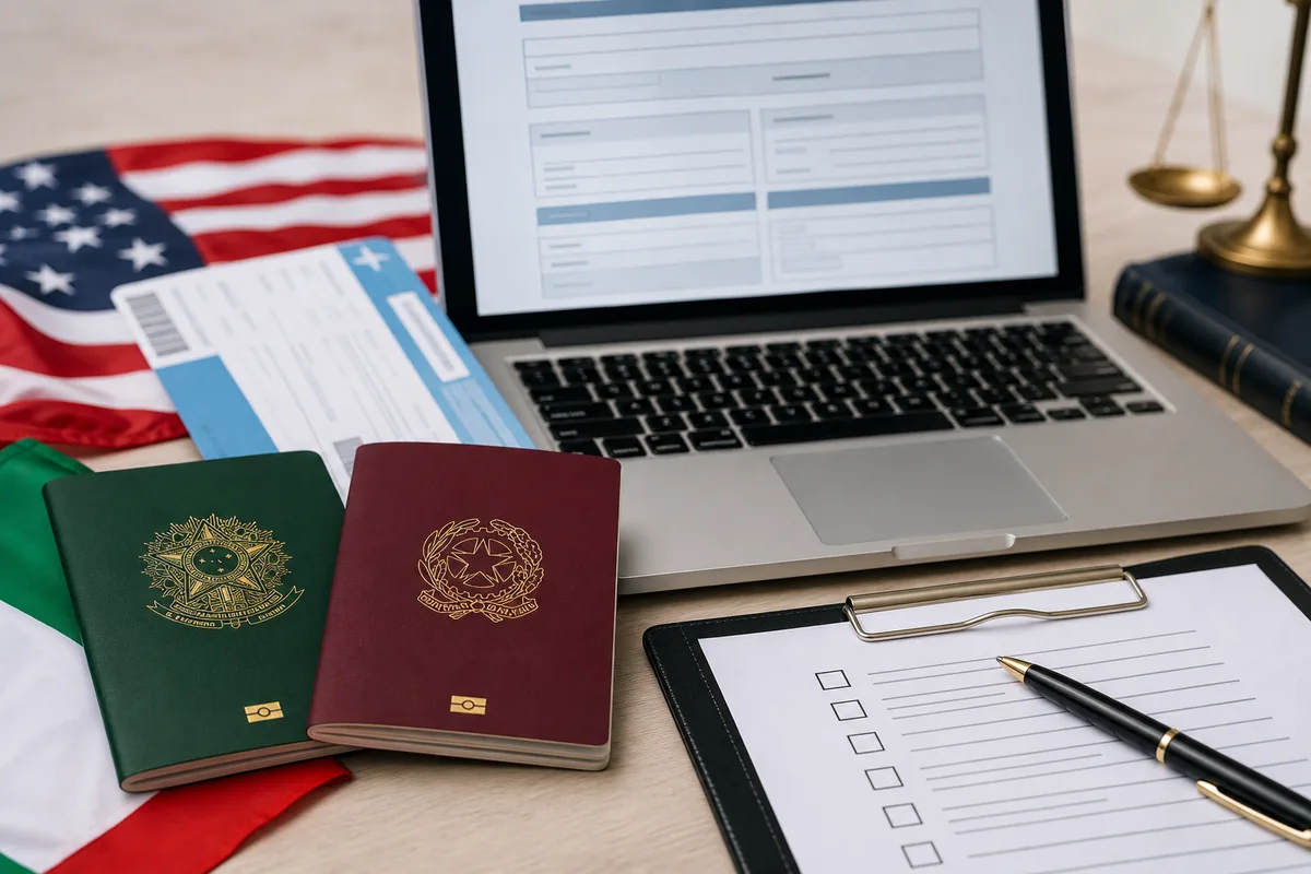 Passaportes brasileiro e italiano ao lado de checklist de viagem aos Estados Unidos