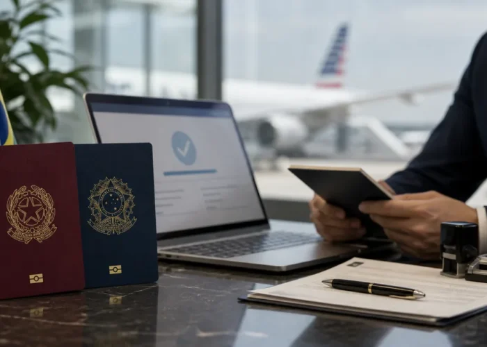 Dois passaportes e autorização eletrônica para viagem aos Estados Unidos