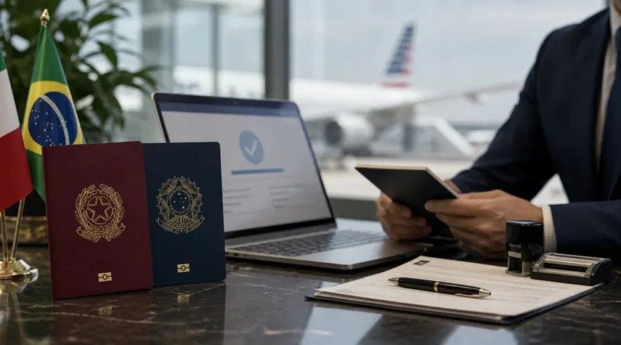 Dois passaportes e autorização eletrônica para viagem aos Estados Unidos