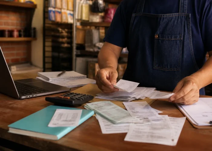 Microempreendedor individual analisando dívidas e comprovantes antes de avaliar falência de MEI