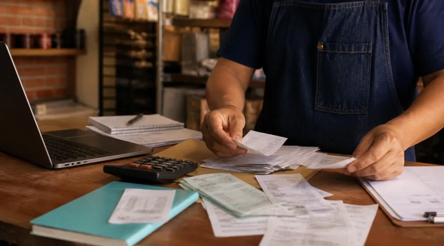 Microempreendedor individual analisando dívidas e comprovantes antes de avaliar falência de MEI
