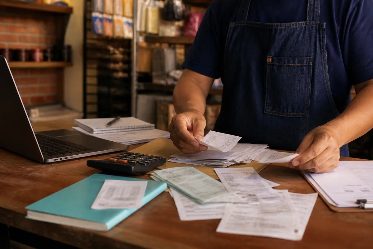 Microempreendedor individual analisando dívidas e comprovantes antes de avaliar falência de MEI