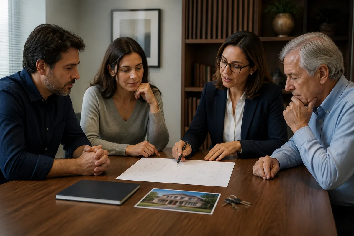 Herdeiros e advogada analisam planta e fotografia do imóvel herdado