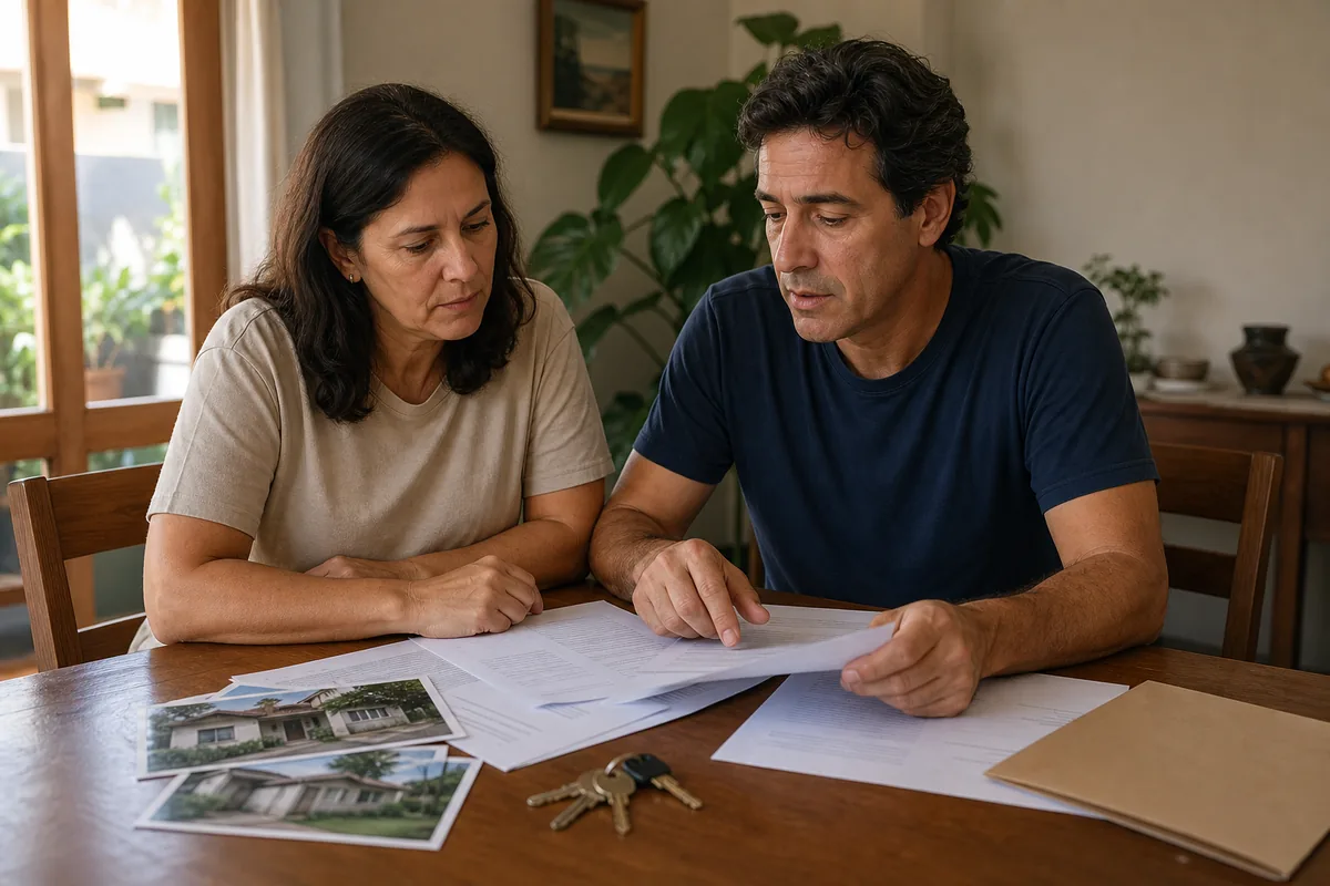 Herdeiros analisando documentos e chaves de imóvel antes do inventário