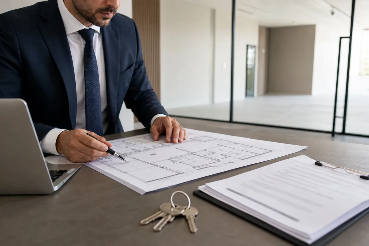 Advogado revisa planta e checklist para entrega judicial de imóvel comercial