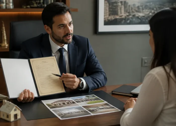 Advogado explica título e provas do imóvel ao cliente