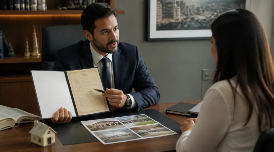 Advogado explica título e provas do imóvel ao cliente