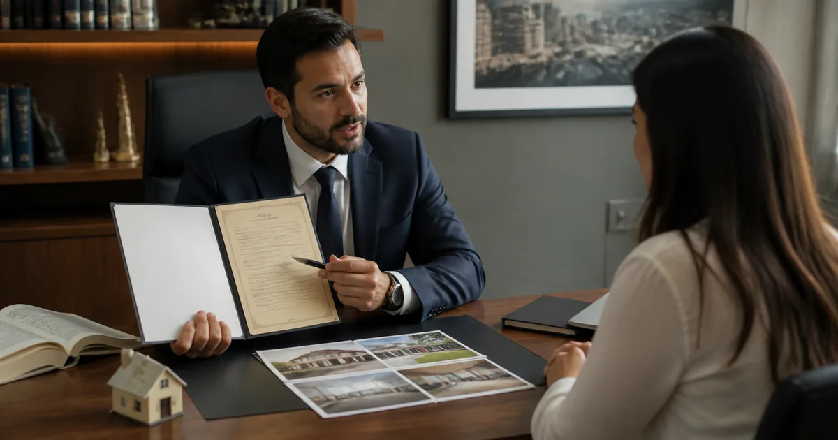 Advogado explica título e provas do imóvel ao cliente