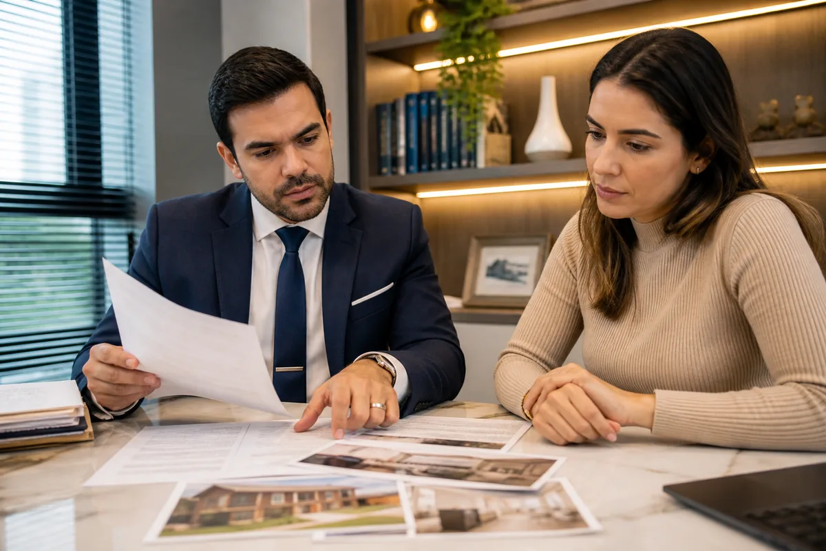 Advogado e cliente analisam título e provas do imóvel
