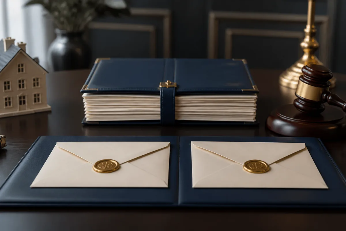 Dois envelopes de lance iguais diante de imóvel e martelo judicial