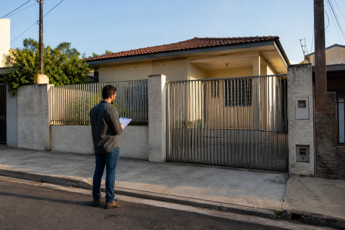 Profissional inspeciona externamente imóvel oferecido em leilão