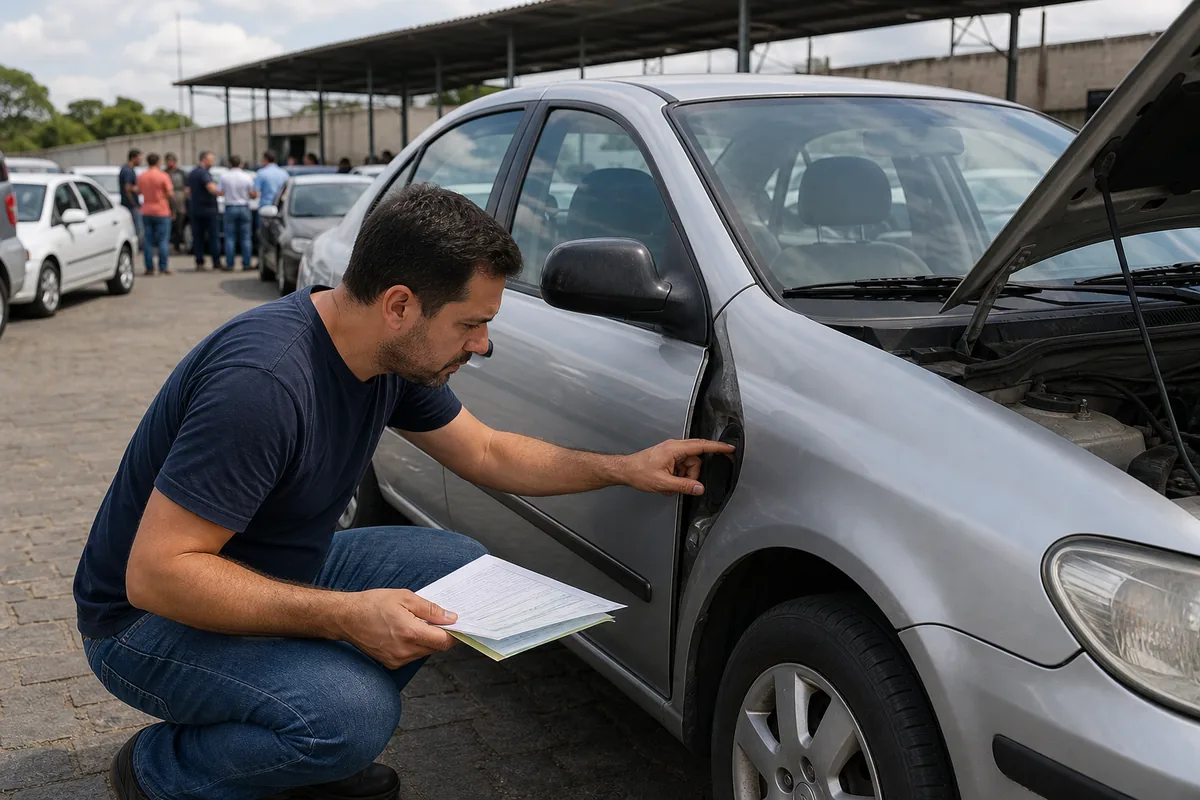 Comprador confere veículo e documentos antes do leilão