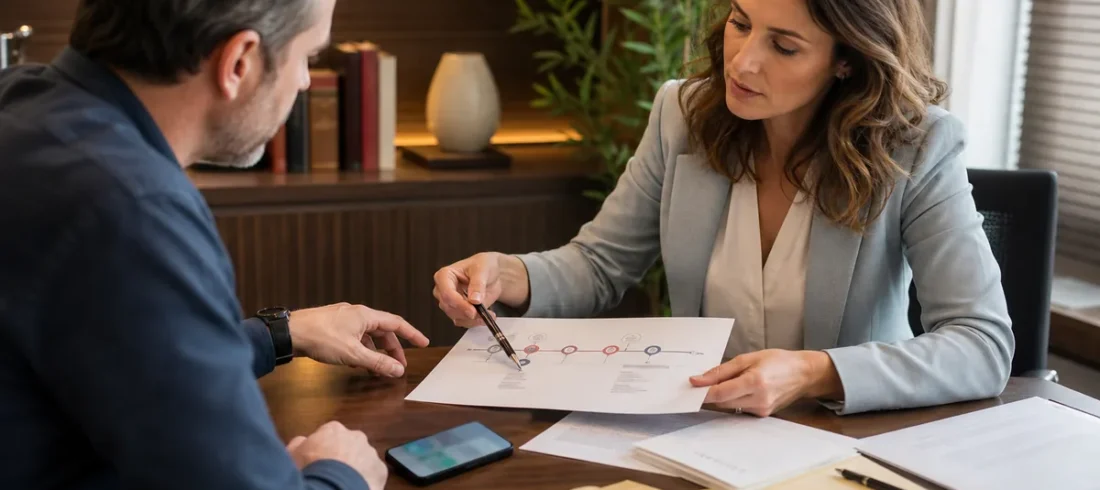 Advogada revisando linha do tempo de convivência familiar