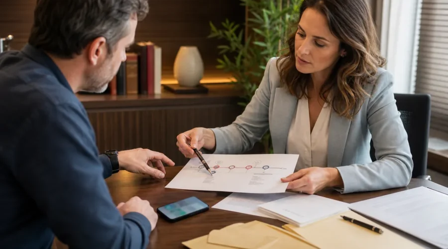 Advogada revisando linha do tempo de convivência familiar