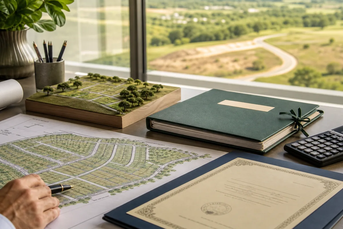 Planta de loteamento, certidão, pasta e calculadora em análise jurídica