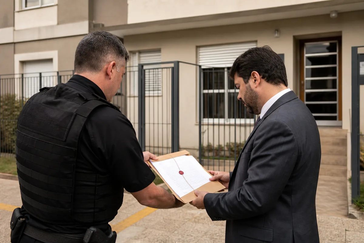 Oficial de justiça e advogado conferem mandado diante de imóvel