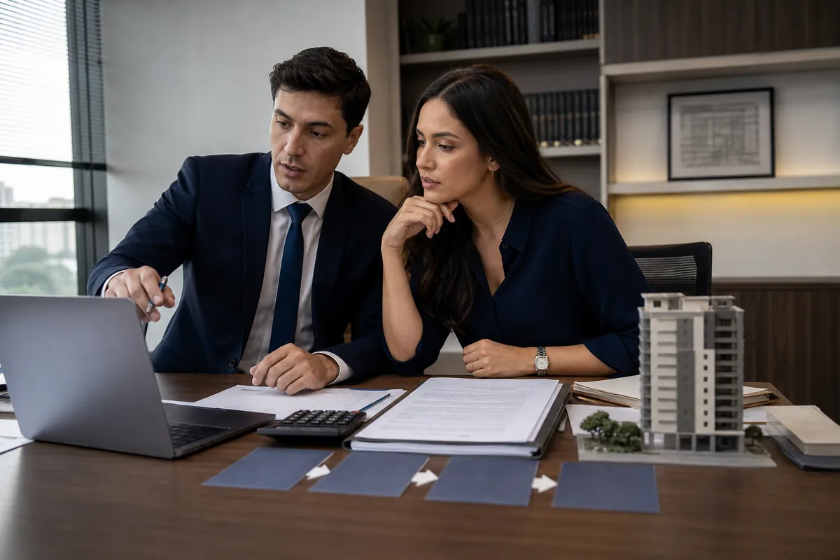 Advogado e cliente avaliam decisões jurídicas de um leilão de imóvel