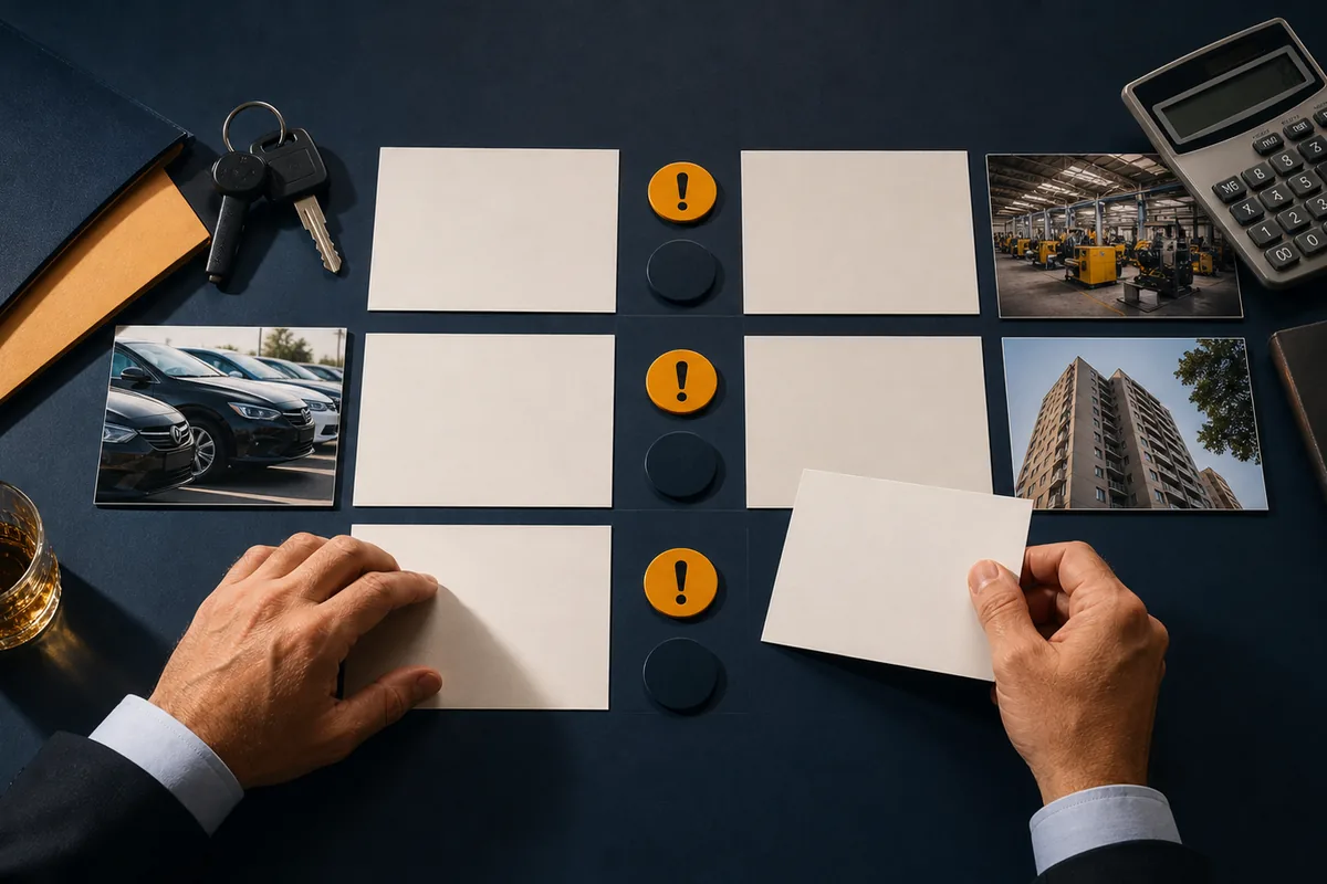 Matriz visual compara riscos jurídicos de veículos, imóveis e máquinas em leilão