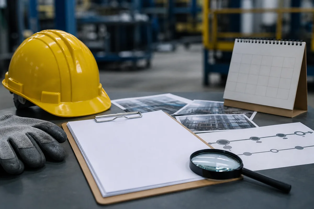 Capacete, luvas, registros e lupa usados para analisar o nexo do acidente de trabalho