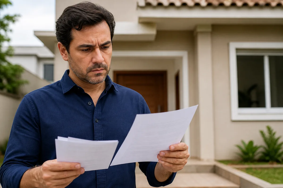 Proprietário lê documentos diante do imóvel financiado