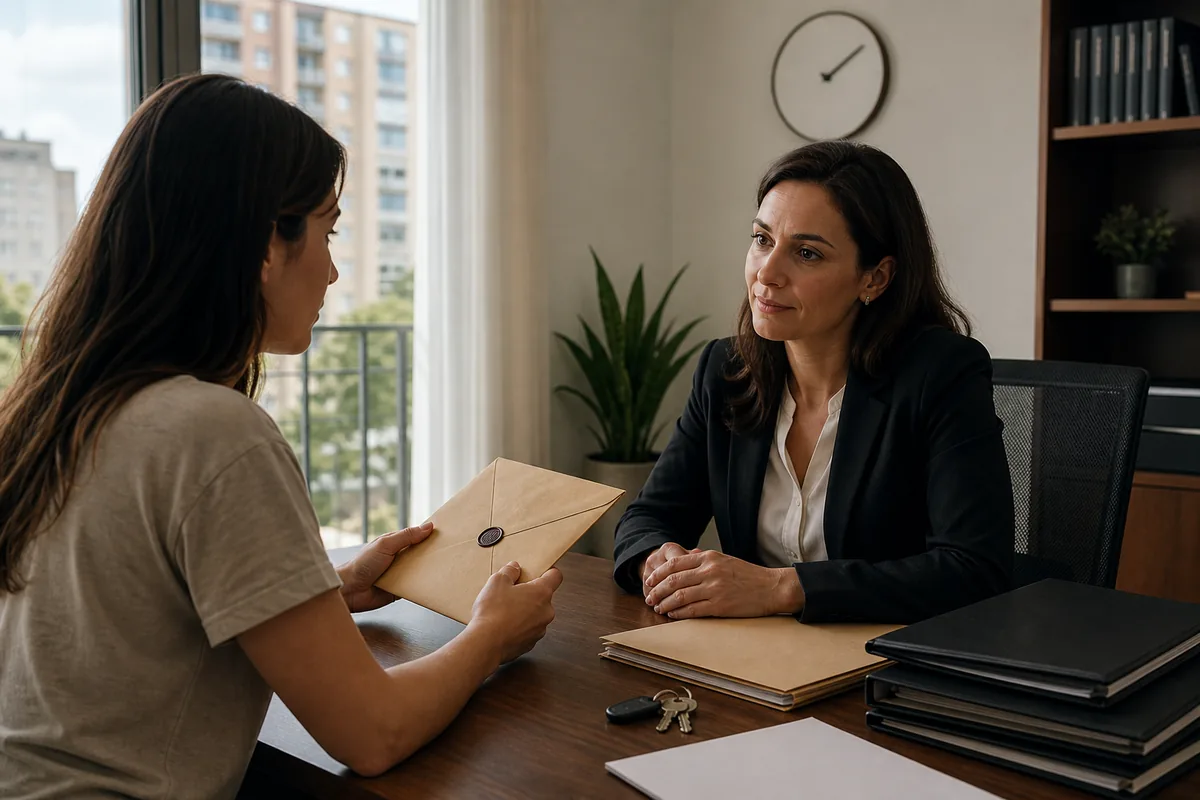 Locatária apresenta envelope de notificação a advogada em consulta sobre despejo