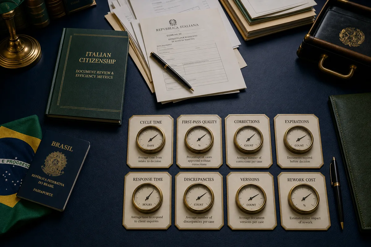Oito indicadores físicos ao lado de documentos brasileiros e italianos