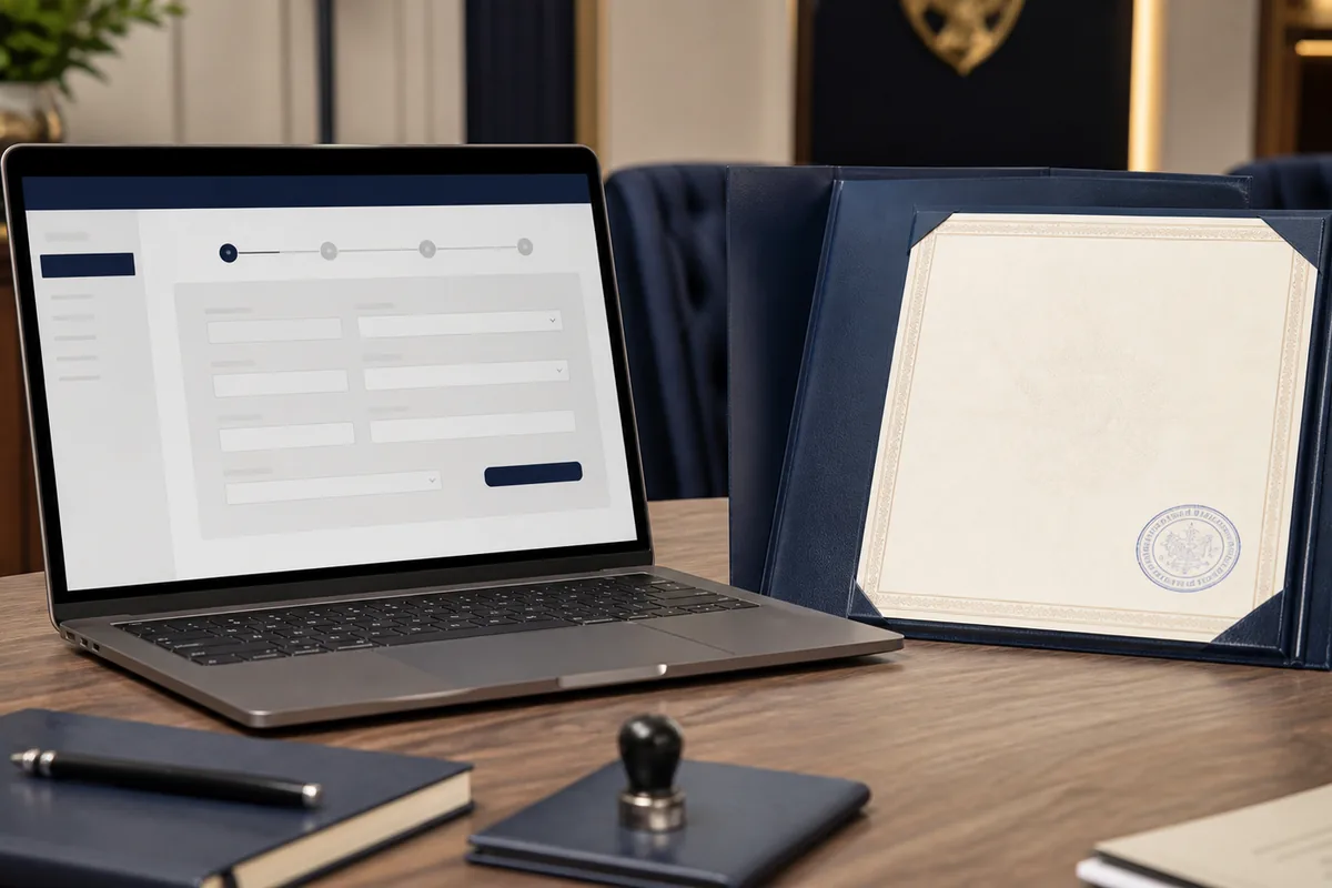 Notebook com formulário digital ao lado de certidão em pasta de registro civil