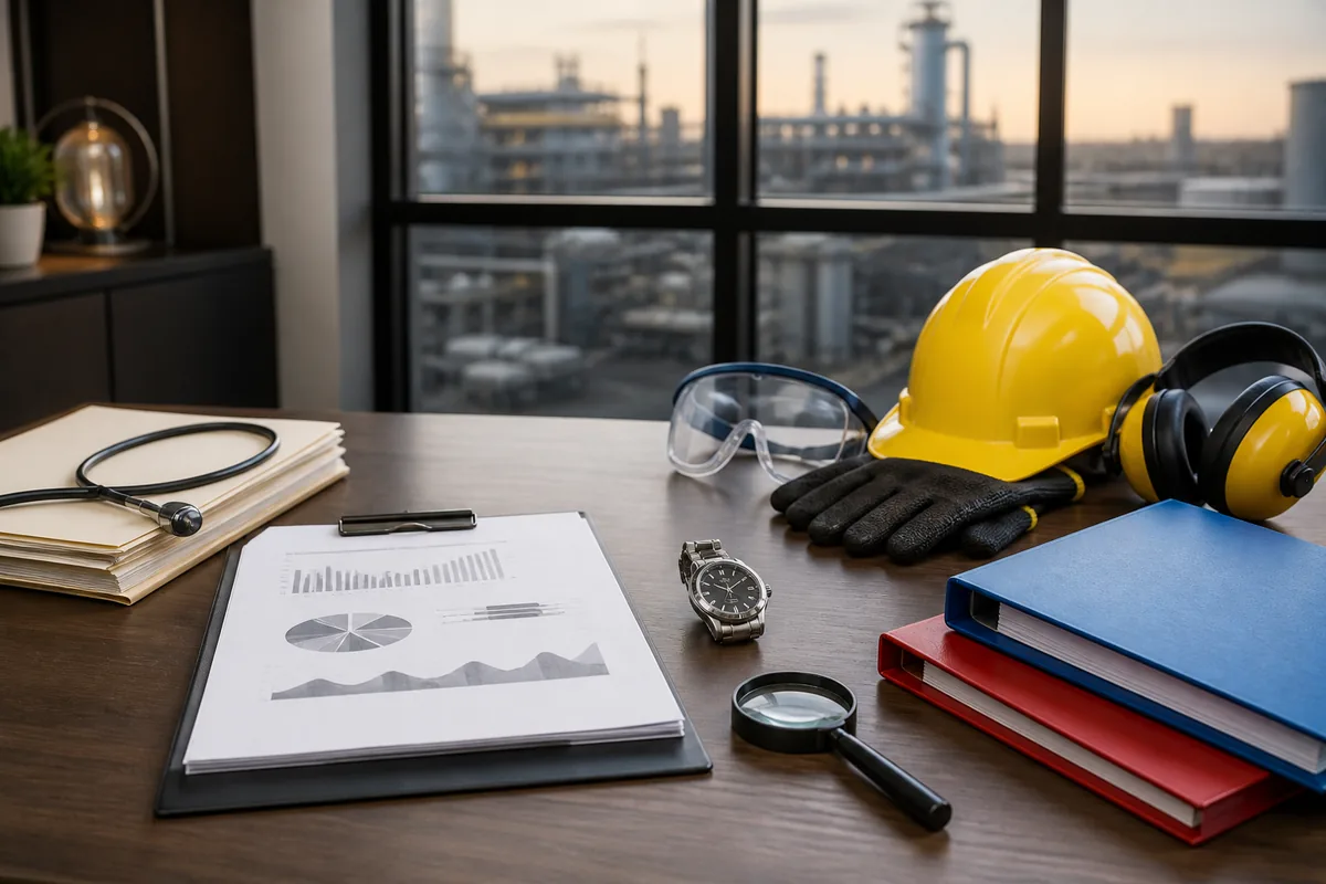 Equipamentos de proteção, relatório técnico e pastas para perícia de acidente de trabalho
