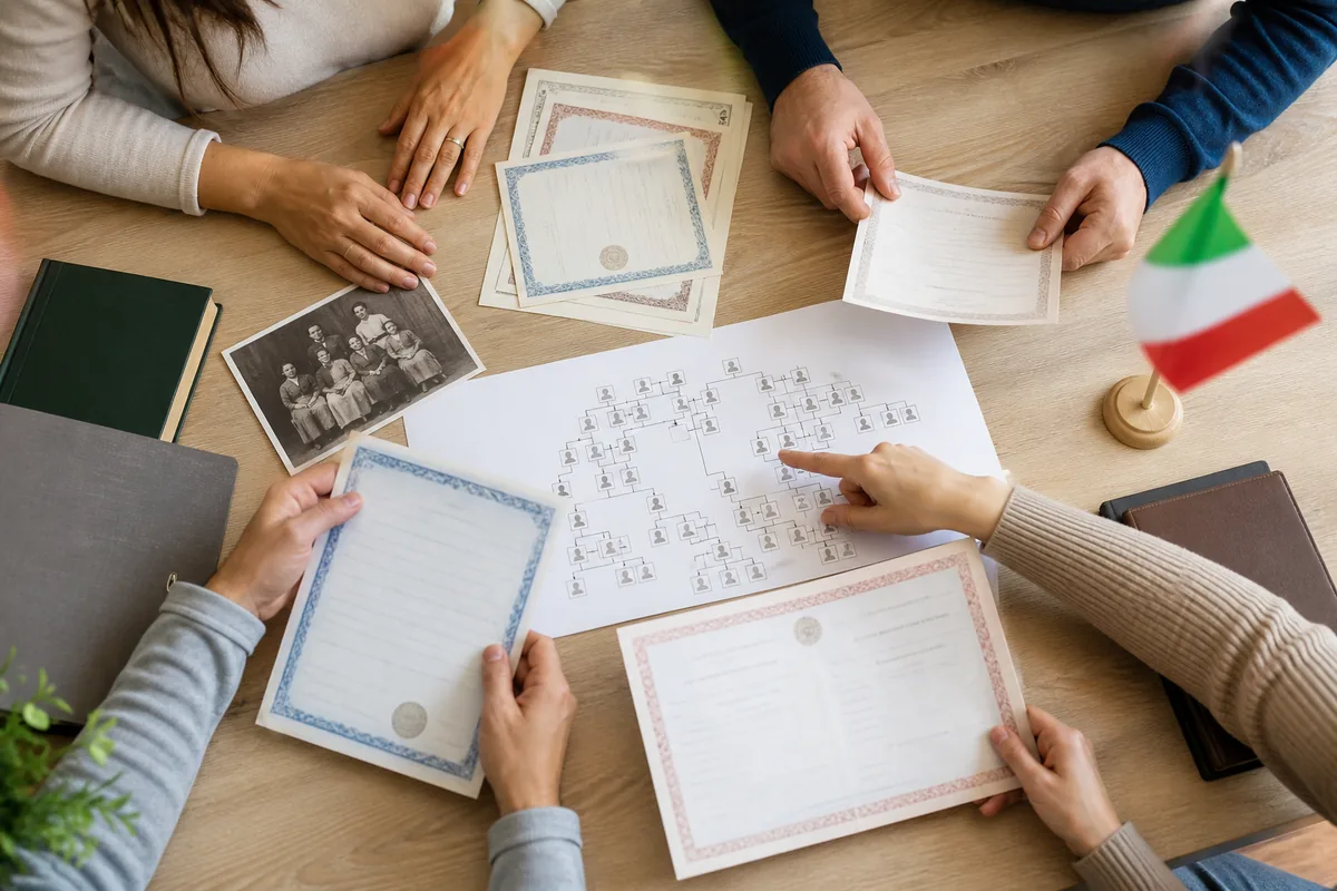 Família organizando árvore genealógica e certidões italianas