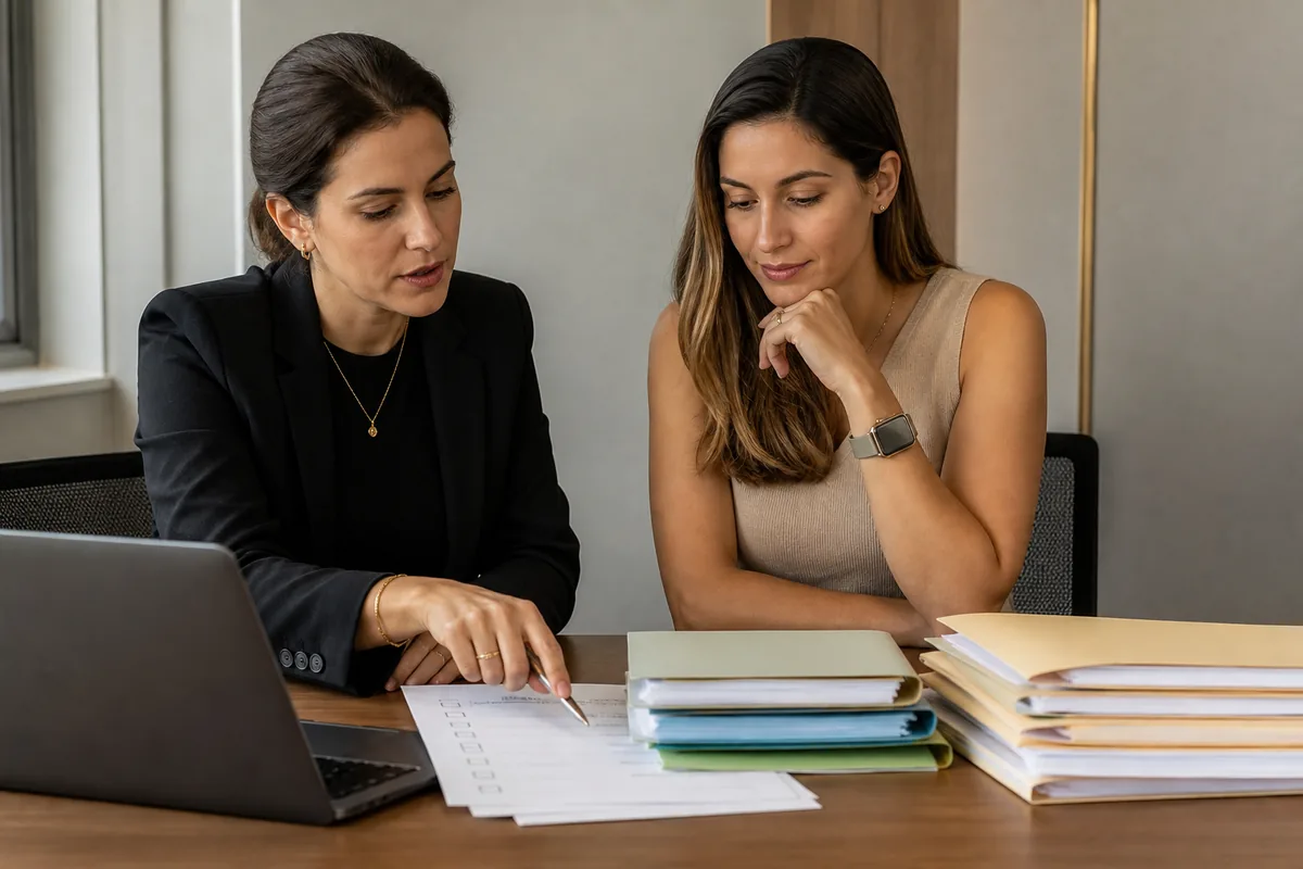 Advogada revisando checklist do processo de cidadania italiana com cliente