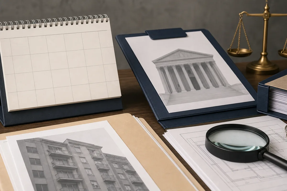 Calendário, documentos do imóvel e lupa organizados para leilão judicial