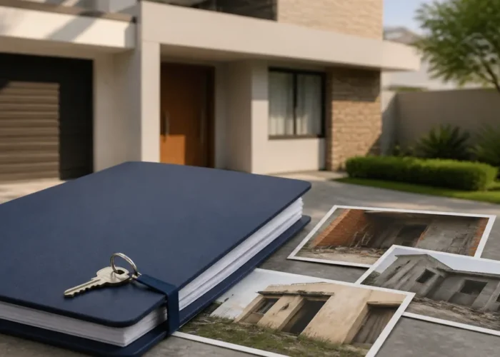 Pasta, chave e fotografias de imóvel diante de fachada residencial