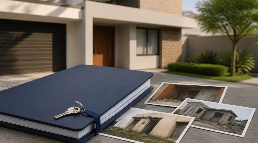 Pasta, chave e fotografias de imóvel diante de fachada residencial