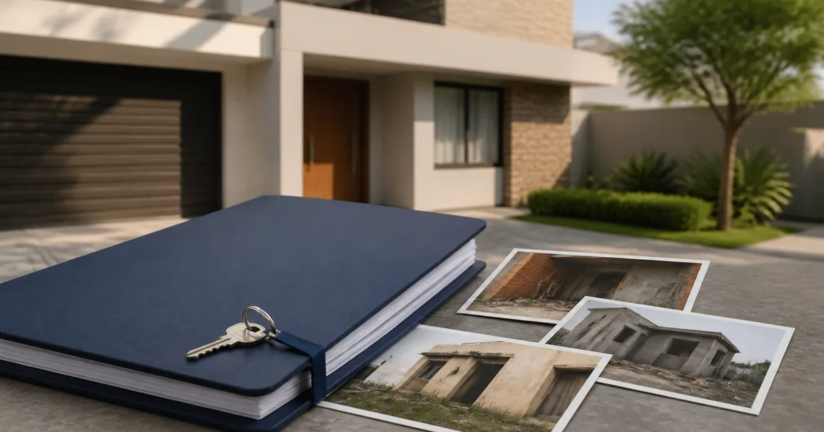 Pasta, chave e fotografias de imóvel diante de fachada residencial