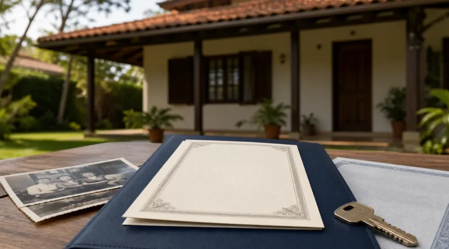 Casa herdada com formal de partilha, fotografia familiar e chave