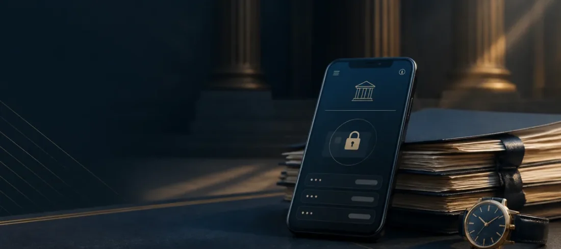 Celular com conta bloqueada ao lado de pasta processual e relógio