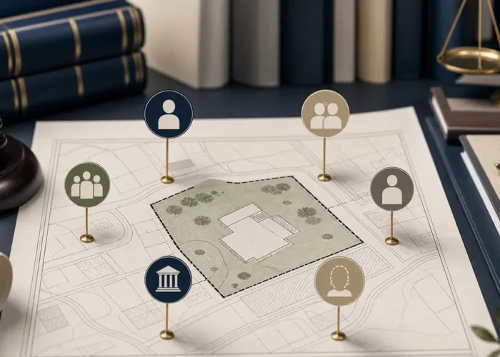 Planta de imóvel com marcadores para pessoas e entes públicos interessados
