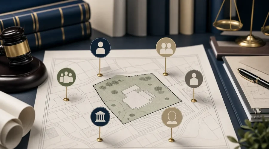 Planta de imóvel com marcadores para pessoas e entes públicos interessados