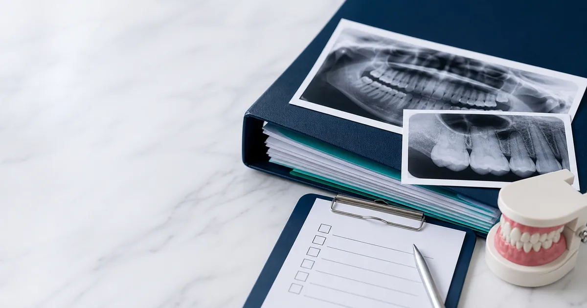 Prontuário odontológico, radiografias e checklist de provas