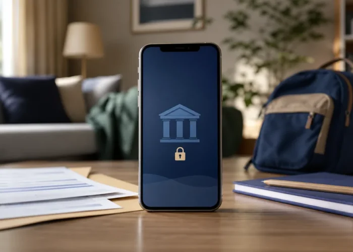 Celular com conta bloqueada ao lado de documentos e material escolar