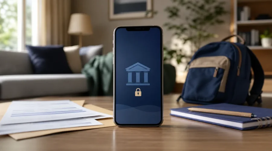 Celular com conta bloqueada ao lado de documentos e material escolar