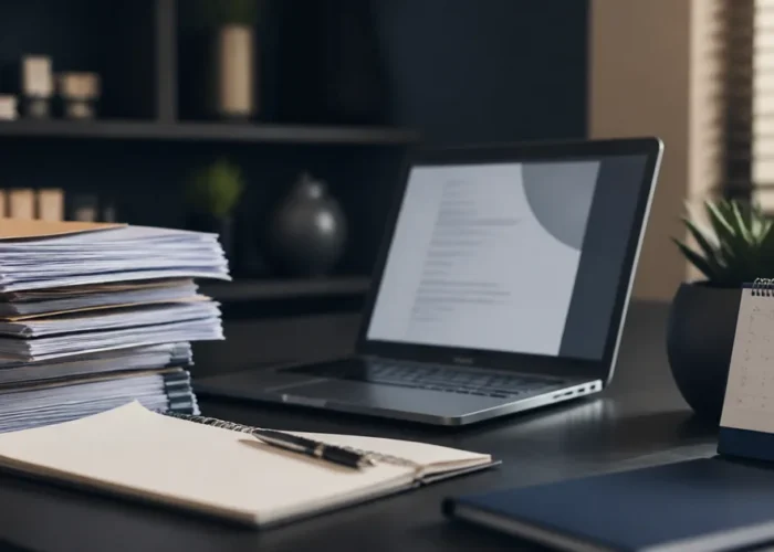 Autos, notebook e calendário em mesa de trabalho