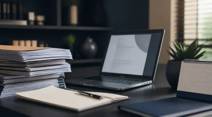 Autos, notebook e calendário em mesa de trabalho