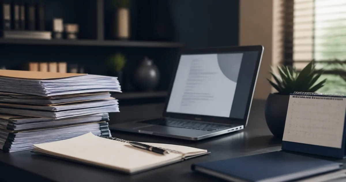Autos, notebook e calendário em mesa de trabalho