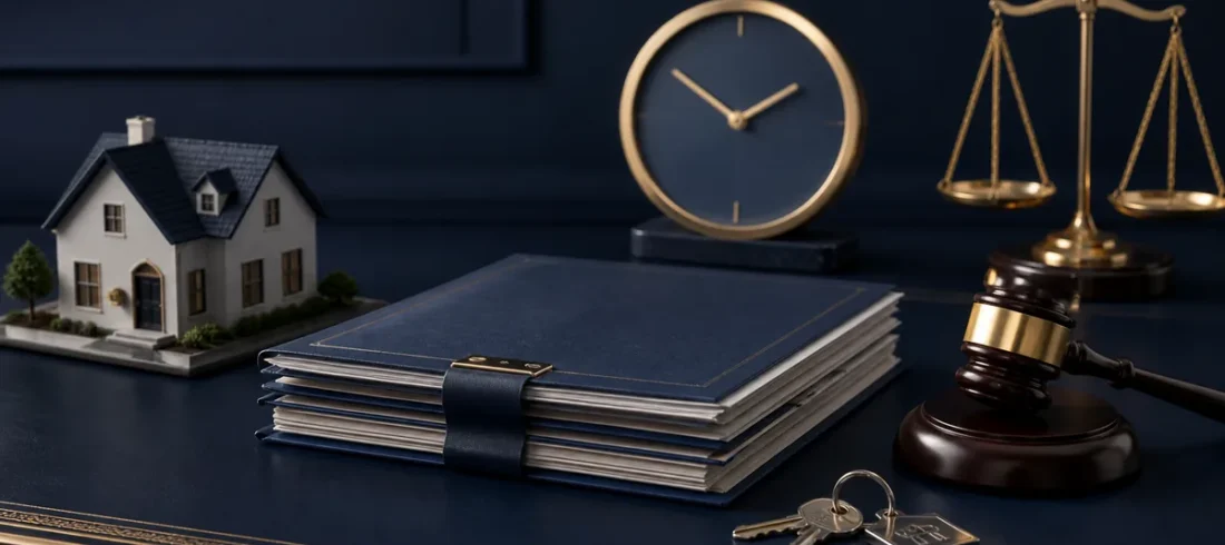 Prazo para desocupar imóvel de leilão Casa, relógio, documentos judiciais, chaves e martelo sobre mesa jurídica