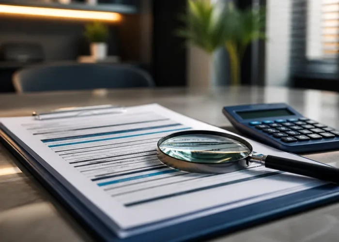 Contrato de crédito analisado com lupa e calculadora
